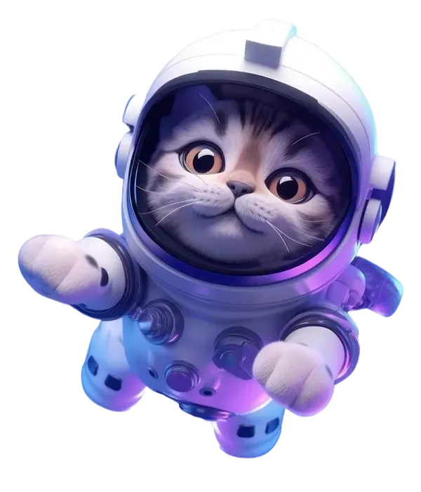 A floating astronaut cat in a space suit